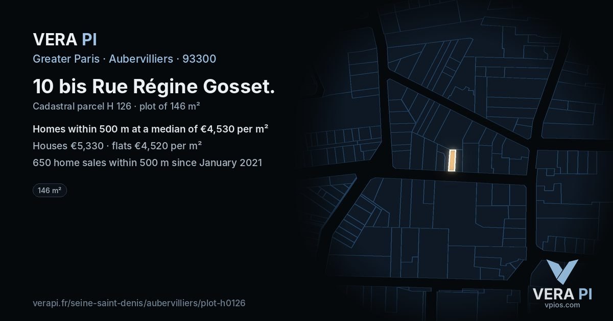 10 bis Rue Régine Gosset, Aubervilliers at night – the plot lit, the parcels around coloured by the prices near them