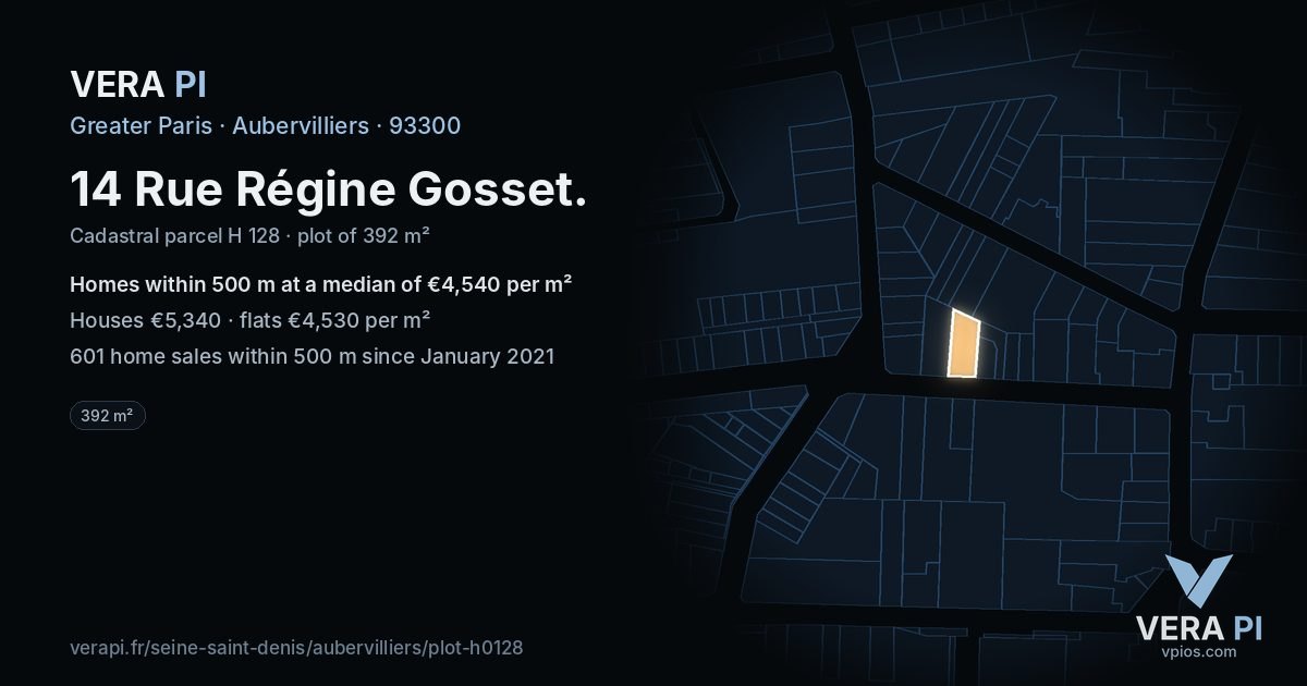 14 Rue Régine Gosset, Aubervilliers at night – the plot lit, the parcels around coloured by the prices near them