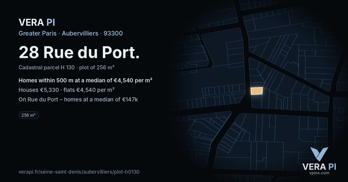 28 Rue du Port, Aubervilliers at night – the plot lit, the parcels around coloured by the prices near them