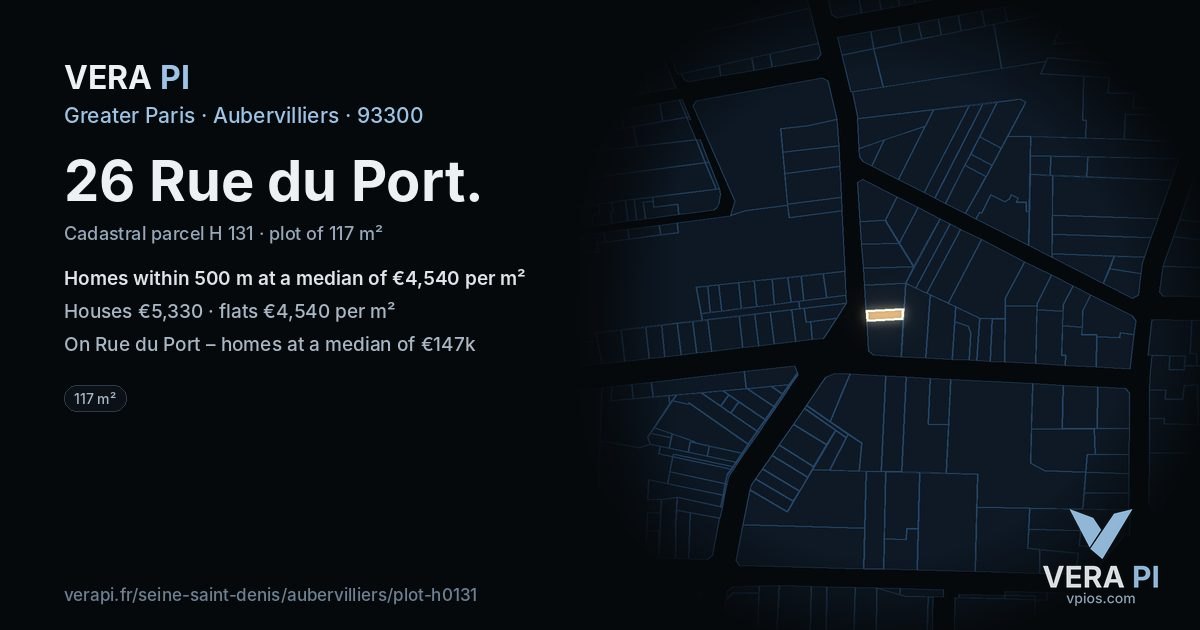 26 Rue du Port, Aubervilliers at night – the plot lit, the parcels around coloured by the prices near them