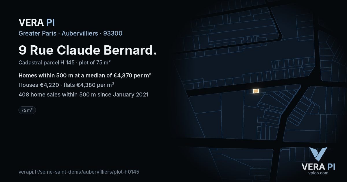 9 Rue Claude Bernard, Aubervilliers at night – the plot lit, the parcels around coloured by the prices near them