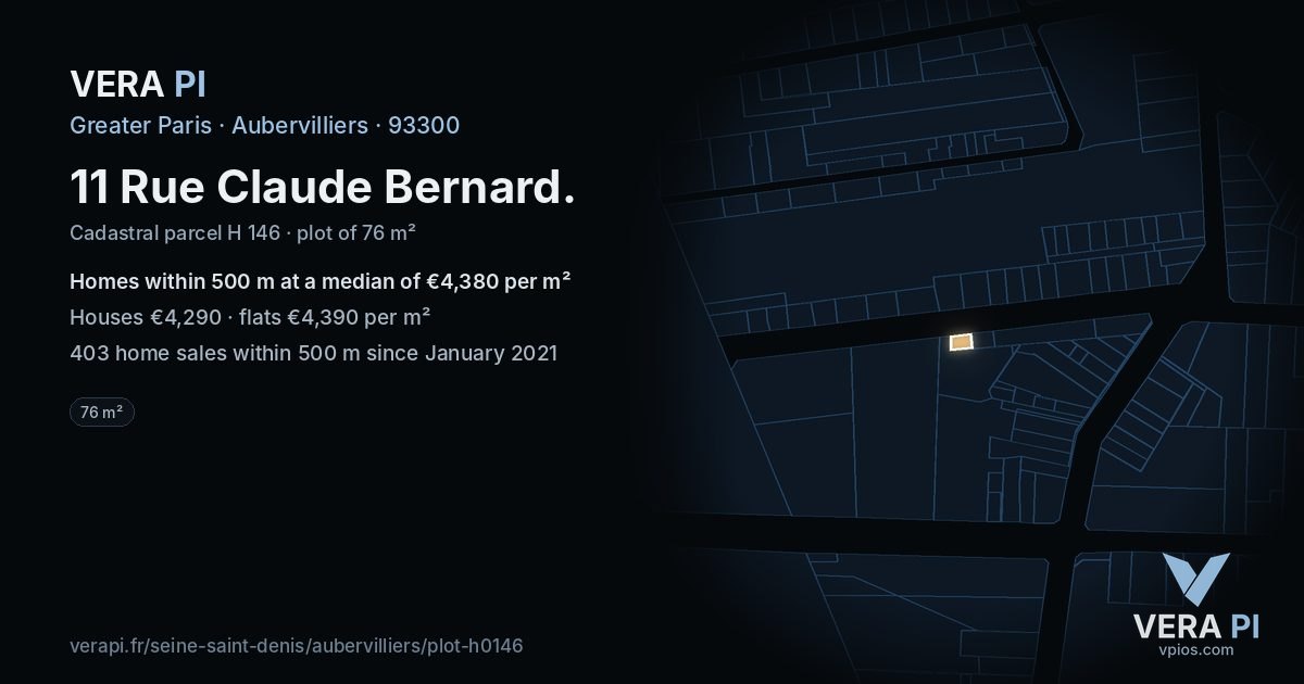 11 Rue Claude Bernard, Aubervilliers at night – the plot lit, the parcels around coloured by the prices near them