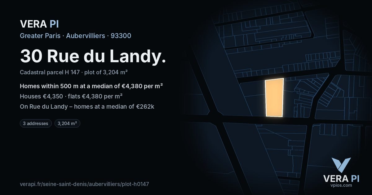 30 Rue du Landy, Aubervilliers at night – the plot lit, the parcels around coloured by the prices near them