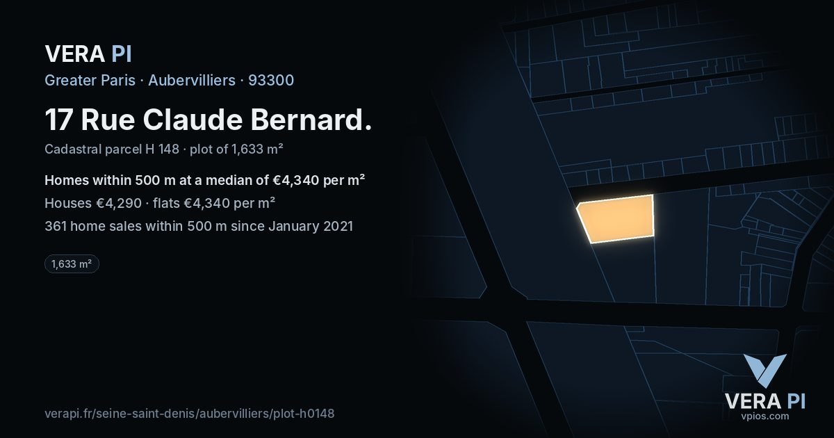 17 Rue Claude Bernard, Aubervilliers at night – the plot lit, the parcels around coloured by the prices near them