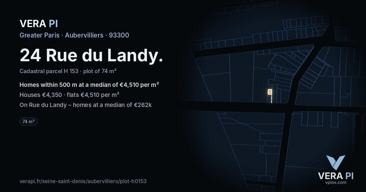 24 Rue du Landy, Aubervilliers at night – the plot lit, the parcels around coloured by the prices near them