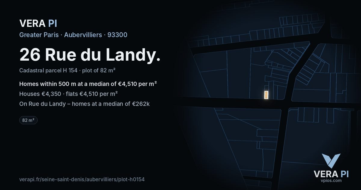 26 Rue du Landy, Aubervilliers at night – the plot lit, the parcels around coloured by the prices near them