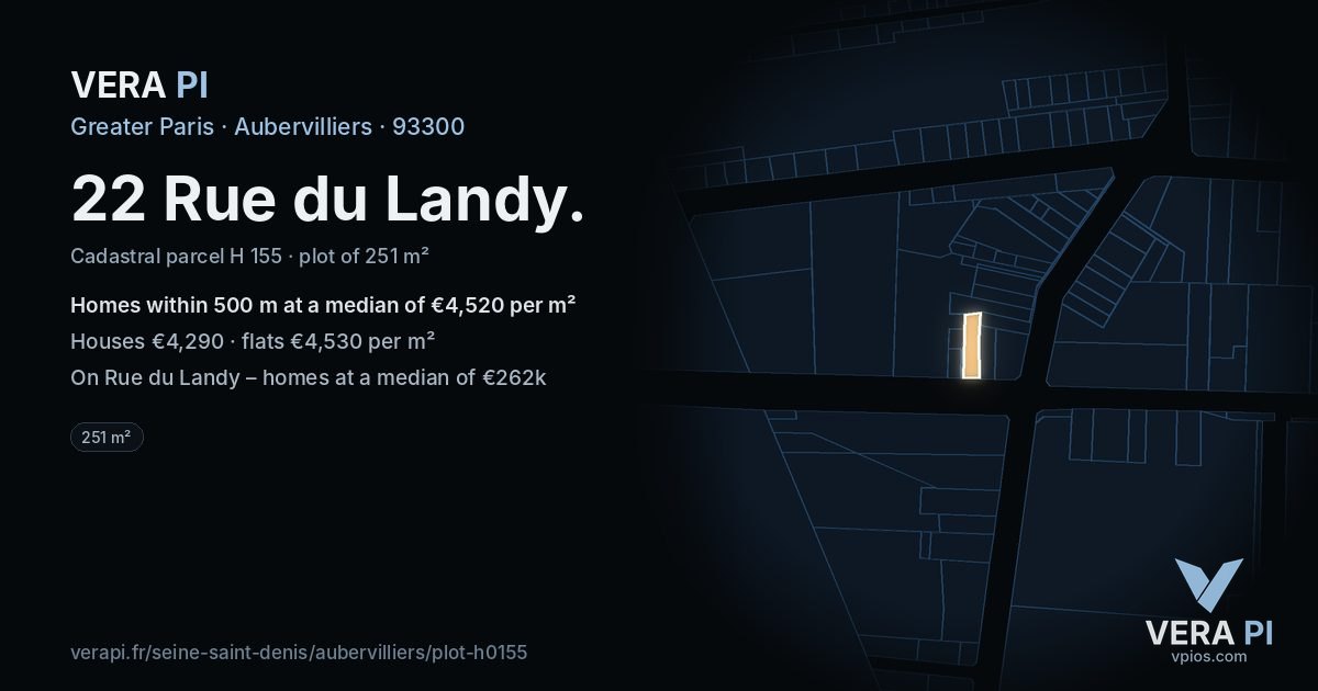 22 Rue du Landy, Aubervilliers at night – the plot lit, the parcels around coloured by the prices near them