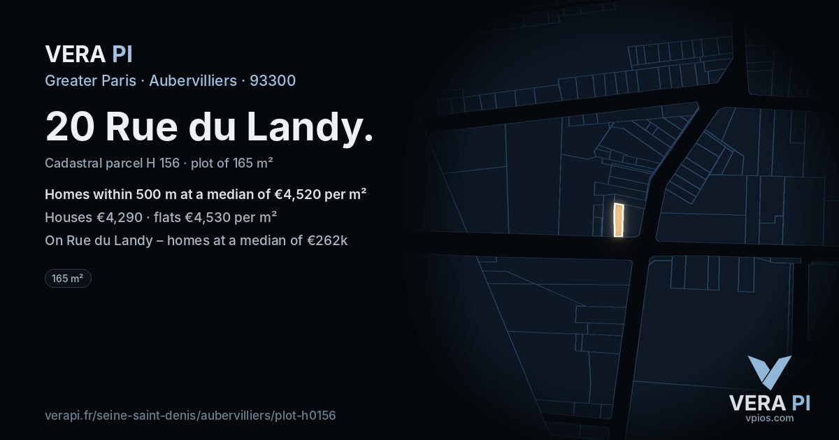 20 Rue du Landy, Aubervilliers at night – the plot lit, the parcels around coloured by the prices near them