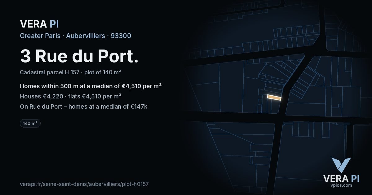 3 Rue du Port, Aubervilliers at night – the plot lit, the parcels around coloured by the prices near them