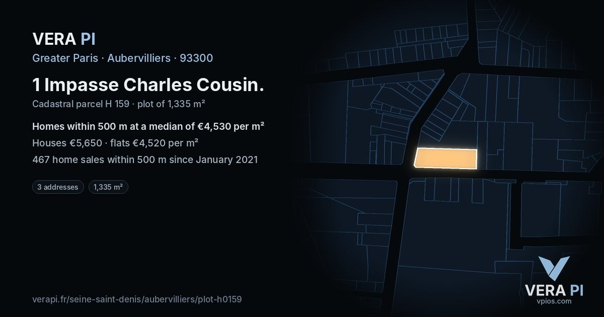 1 Impasse Charles Cousin, Aubervilliers at night – the plot lit, the parcels around coloured by the prices near them