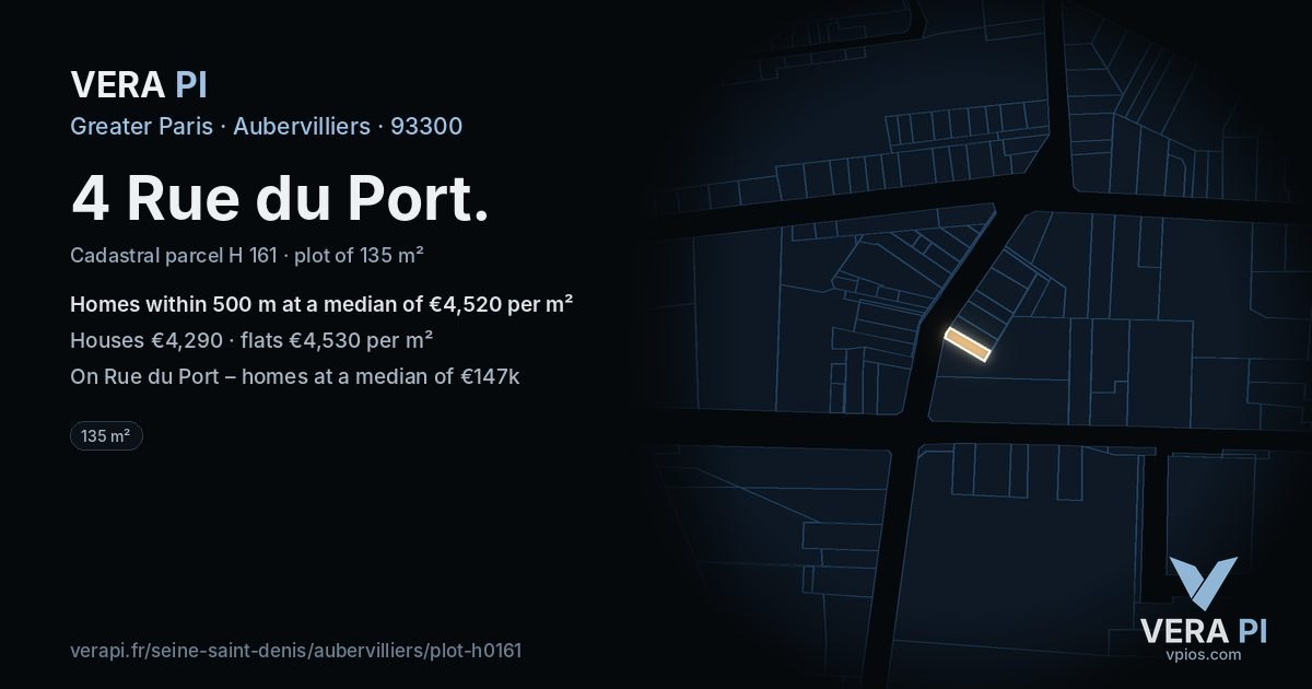 4 Rue du Port, Aubervilliers at night – the plot lit, the parcels around coloured by the prices near them