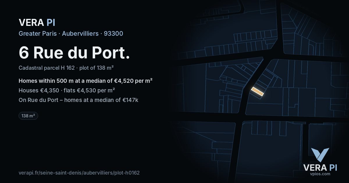 6 Rue du Port, Aubervilliers at night – the plot lit, the parcels around coloured by the prices near them