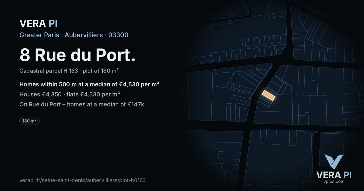 8 Rue du Port, Aubervilliers at night – the plot lit, the parcels around coloured by the prices near them