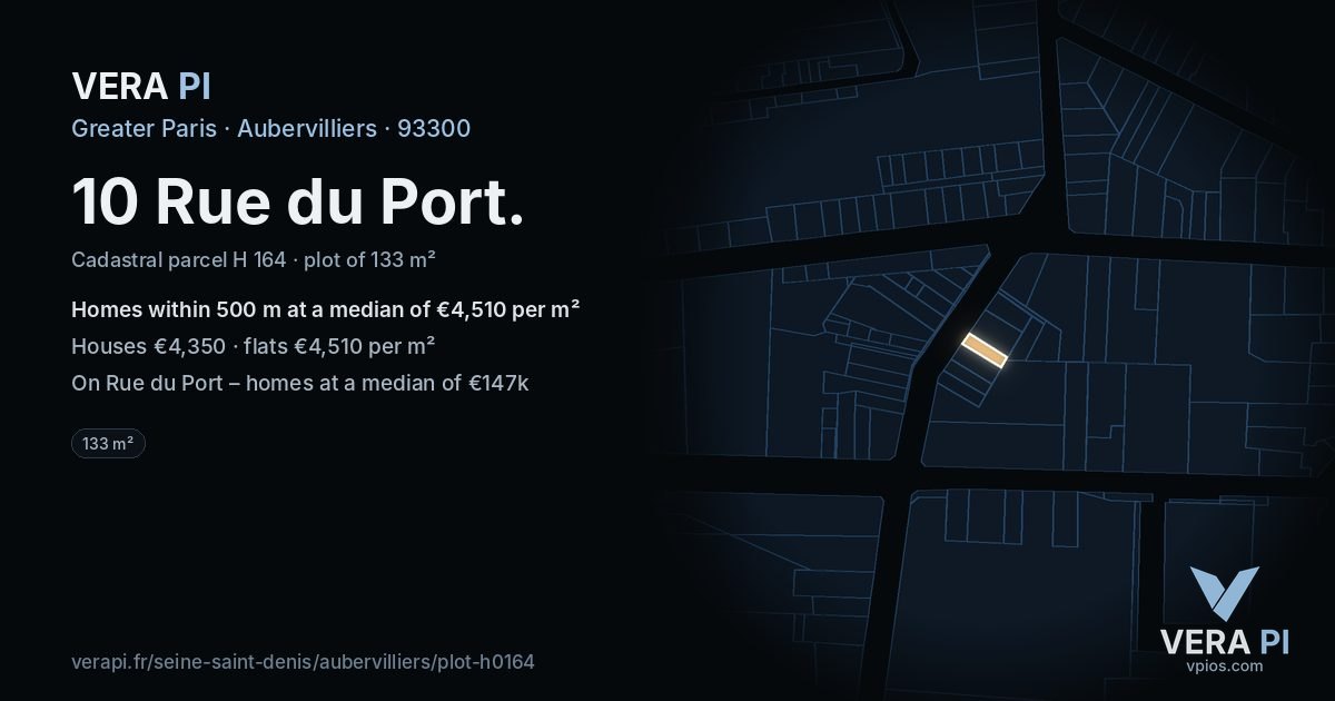 10 Rue du Port, Aubervilliers at night – the plot lit, the parcels around coloured by the prices near them