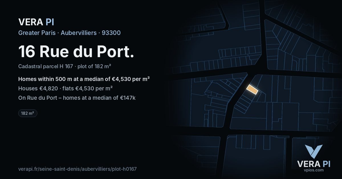 16 Rue du Port, Aubervilliers at night – the plot lit, the parcels around coloured by the prices near them
