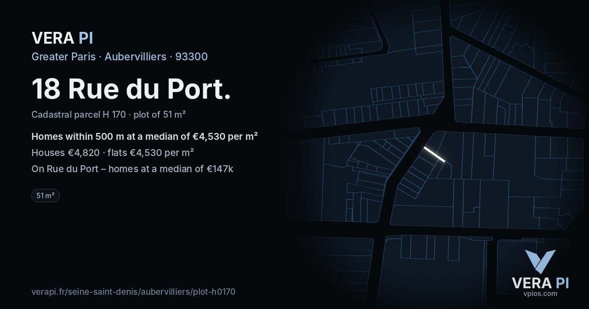 18 Rue du Port, Aubervilliers at night – the plot lit, the parcels around coloured by the prices near them