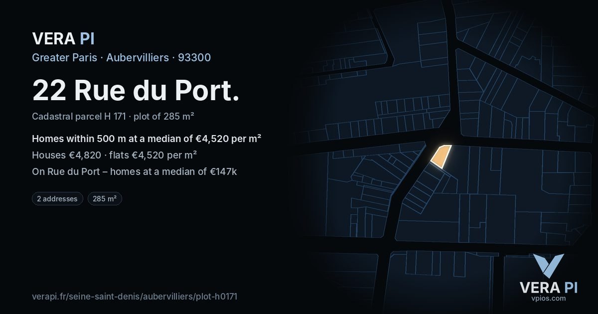22 Rue du Port, Aubervilliers at night – the plot lit, the parcels around coloured by the prices near them