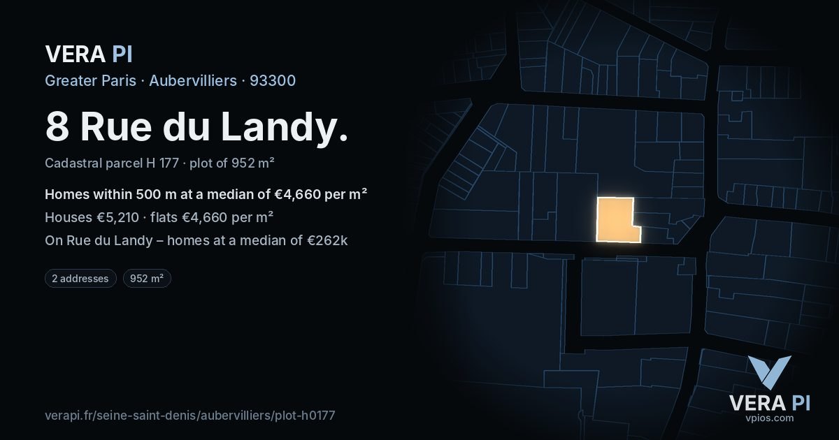 8 Rue du Landy, Aubervilliers at night – the plot lit, the parcels around coloured by the prices near them