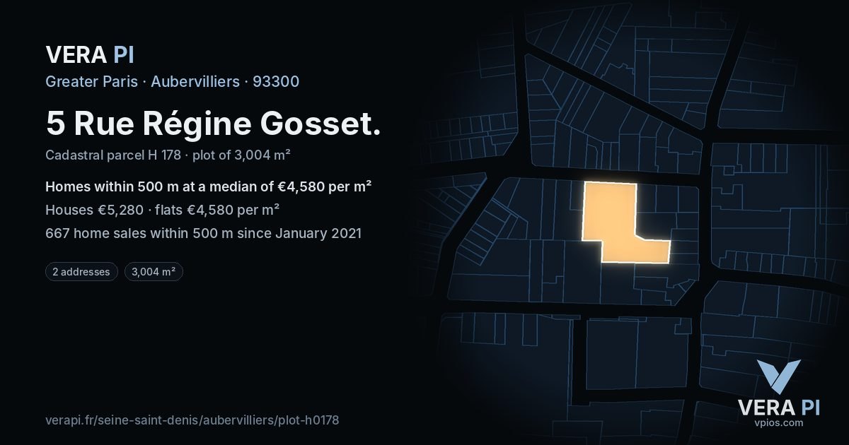 5 Rue Régine Gosset, Aubervilliers at night – the plot lit, the parcels around coloured by the prices near them