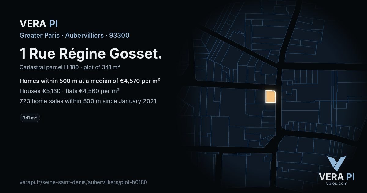 1 Rue Régine Gosset, Aubervilliers at night – the plot lit, the parcels around coloured by the prices near them