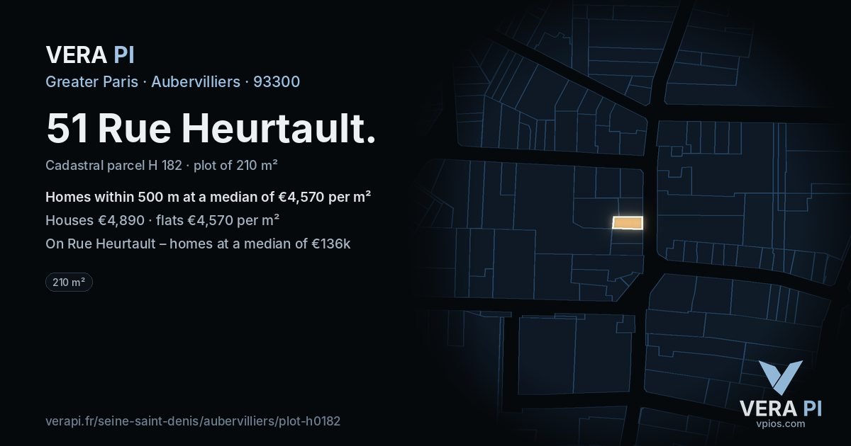 51 Rue Heurtault, Aubervilliers at night – the plot lit, the parcels around coloured by the prices near them