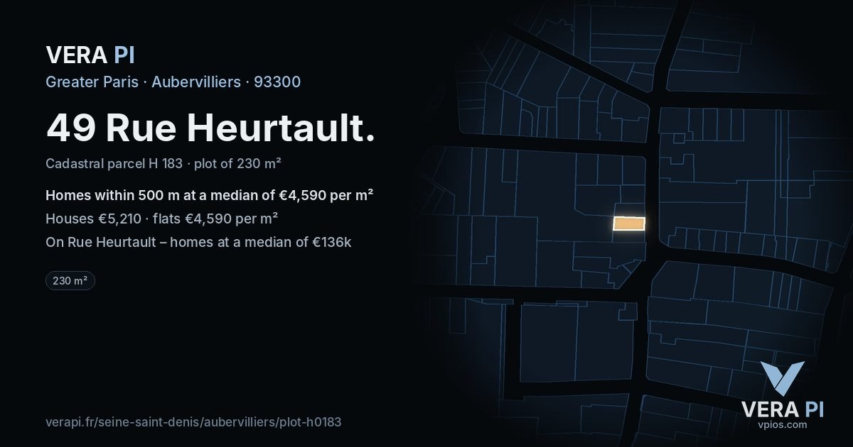 49 Rue Heurtault, Aubervilliers at night – the plot lit, the parcels around coloured by the prices near them