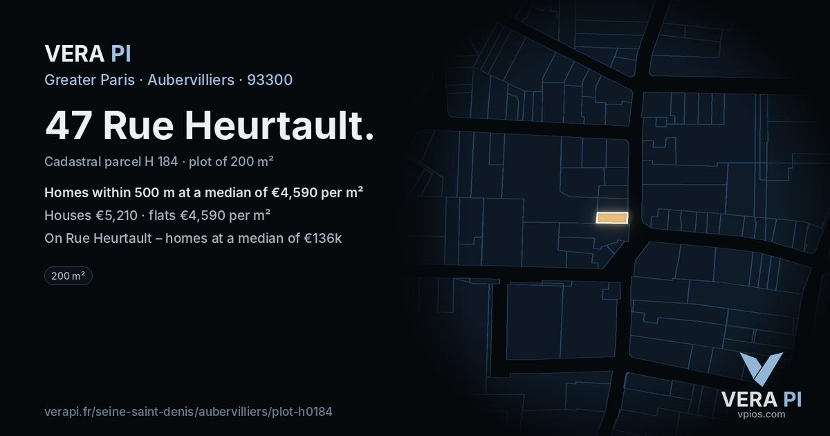 47 Rue Heurtault, Aubervilliers at night – the plot lit, the parcels around coloured by the prices near them