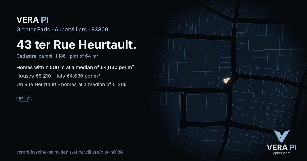 43 ter Rue Heurtault, Aubervilliers at night – the plot lit, the parcels around coloured by the prices near them