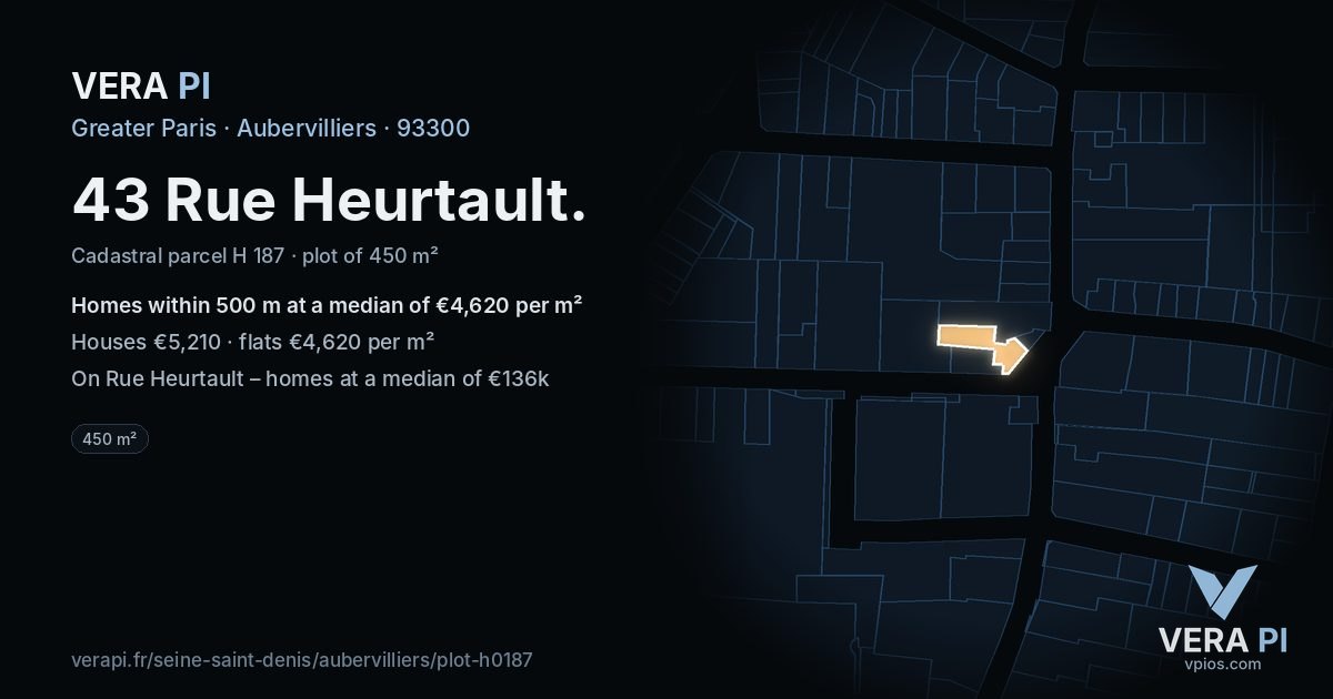 43 Rue Heurtault, Aubervilliers at night – the plot lit, the parcels around coloured by the prices near them