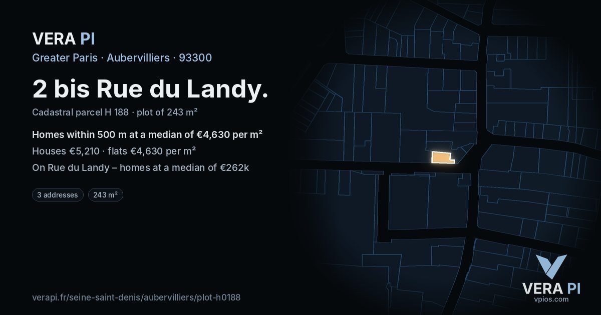 2 bis Rue du Landy, Aubervilliers at night – the plot lit, the parcels around coloured by the prices near them