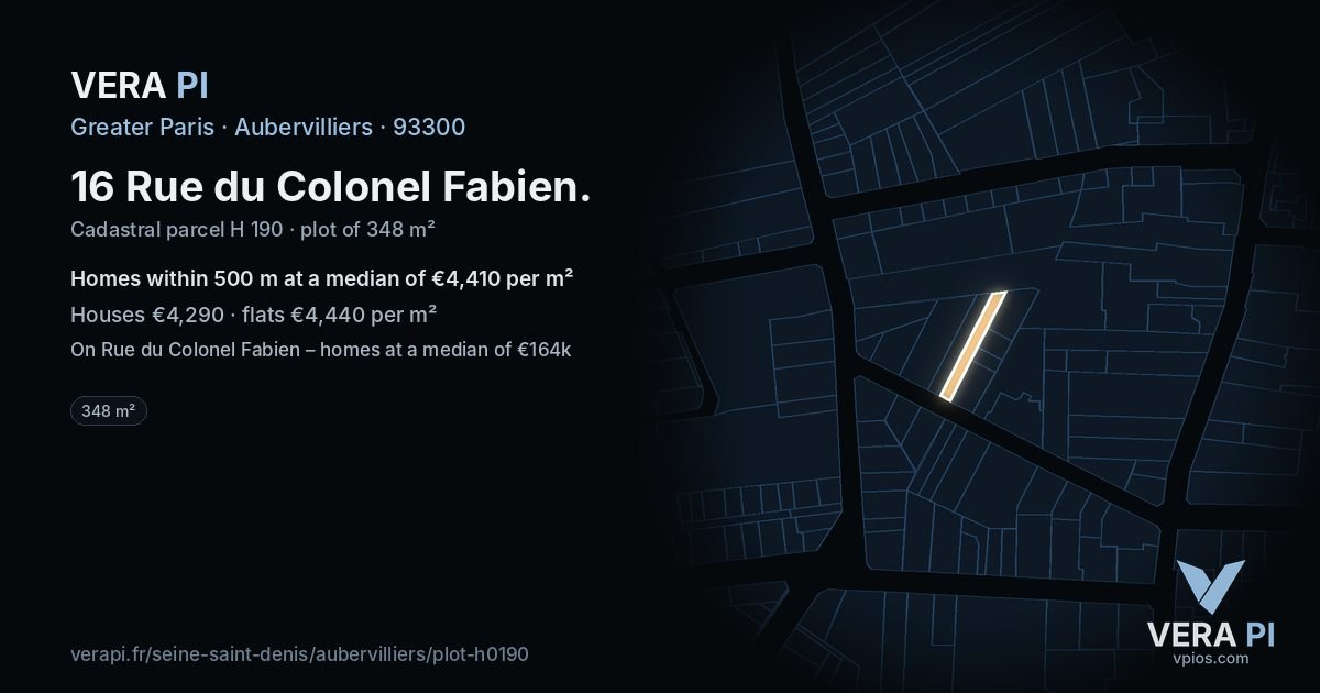 16 Rue du Colonel Fabien, Aubervilliers at night – the plot lit, the parcels around coloured by the prices near them