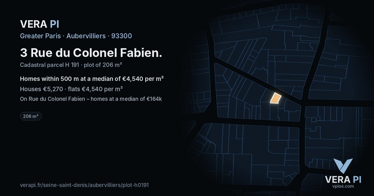 3 Rue du Colonel Fabien, Aubervilliers at night – the plot lit, the parcels around coloured by the prices near them