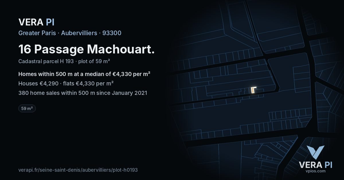 16 Passage Machouart, Aubervilliers at night – the plot lit, the parcels around coloured by the prices near them