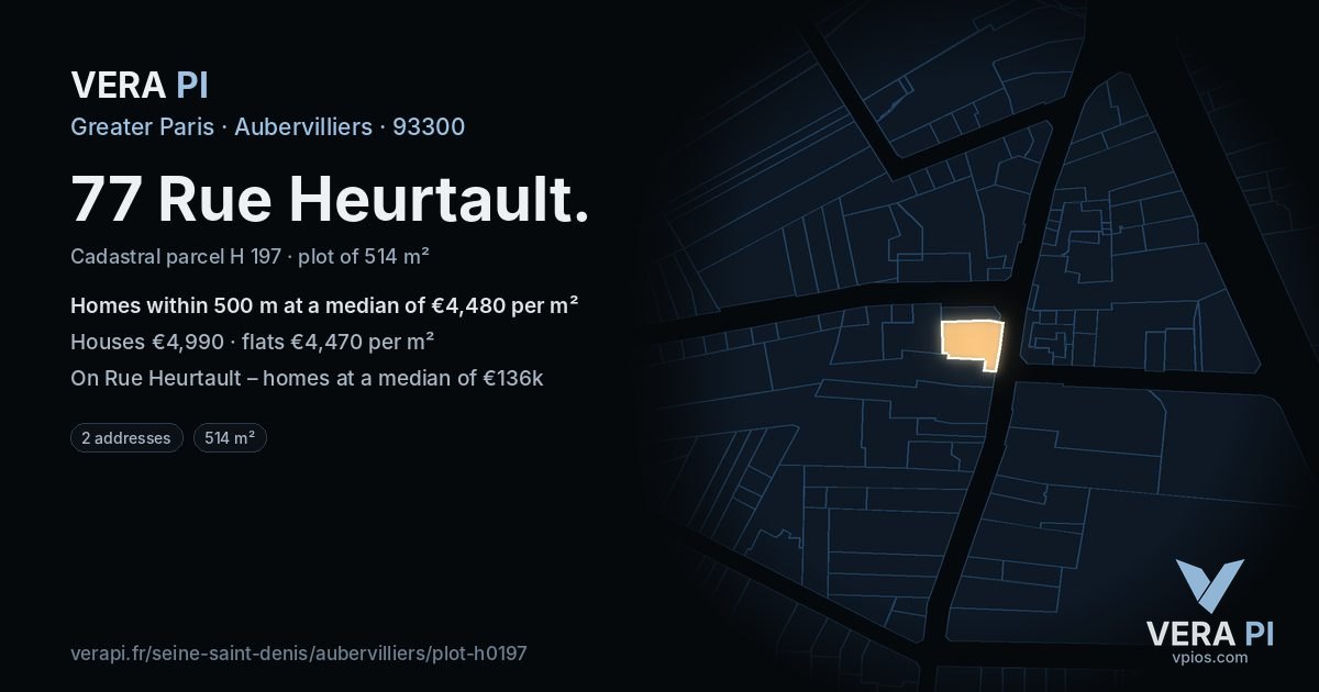 77 Rue Heurtault, Aubervilliers at night – the plot lit, the parcels around coloured by the prices near them