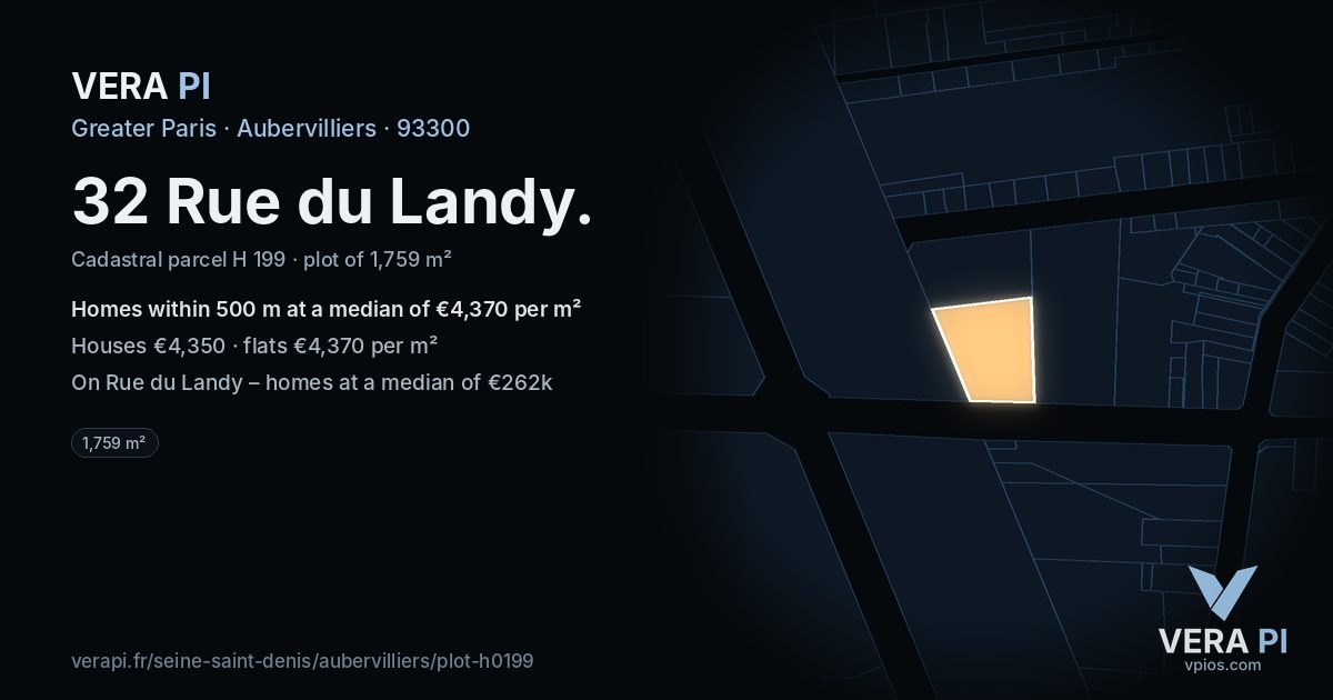 32 Rue du Landy, Aubervilliers at night – the plot lit, the parcels around coloured by the prices near them