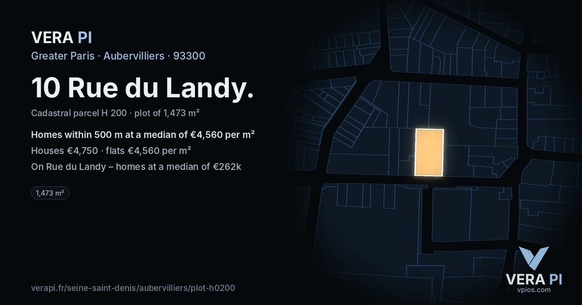 10 Rue du Landy, Aubervilliers at night – the plot lit, the parcels around coloured by the prices near them