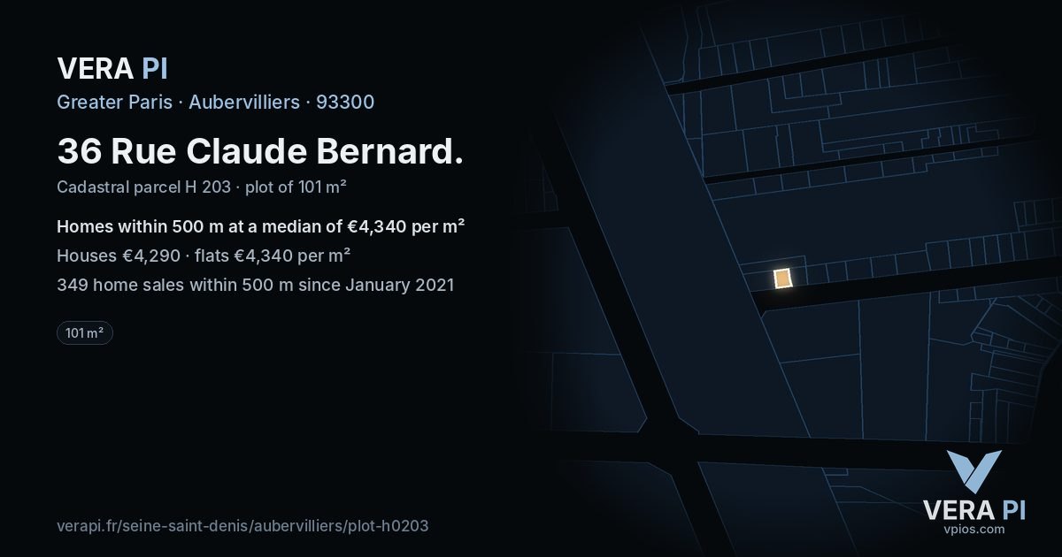 36 Rue Claude Bernard, Aubervilliers at night – the plot lit, the parcels around coloured by the prices near them