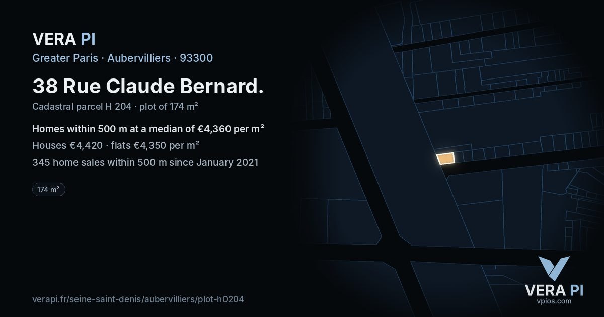 38 Rue Claude Bernard, Aubervilliers at night – the plot lit, the parcels around coloured by the prices near them