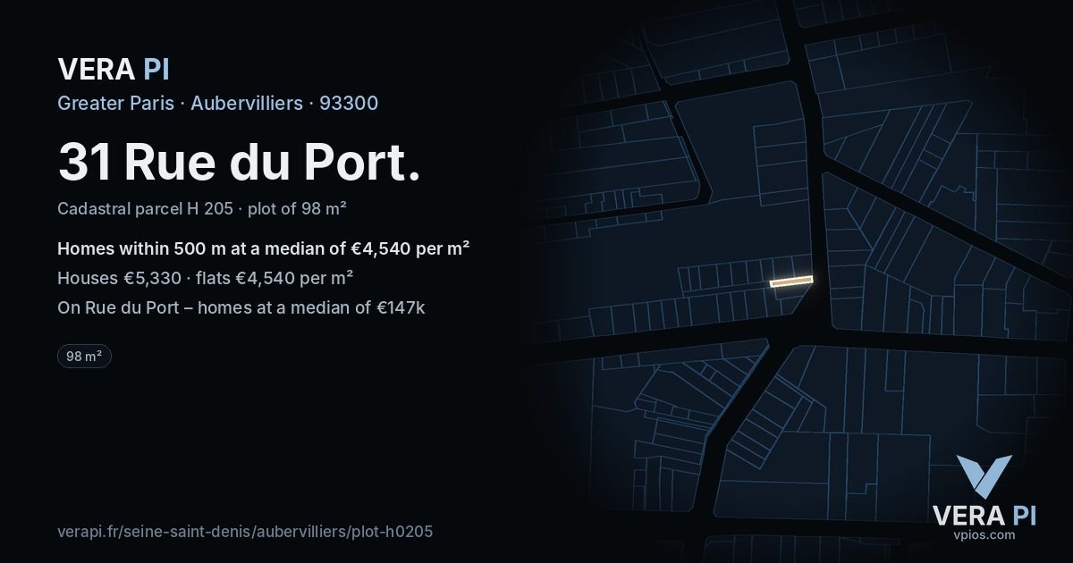 31 Rue du Port, Aubervilliers at night – the plot lit, the parcels around coloured by the prices near them