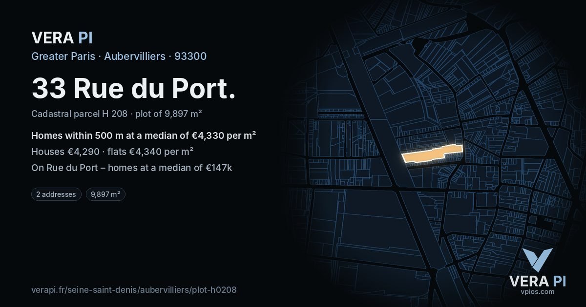 33 Rue du Port, Aubervilliers at night – the plot lit, the parcels around coloured by the prices near them