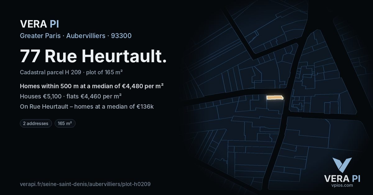 77 Rue Heurtault, Aubervilliers at night – the plot lit, the parcels around coloured by the prices near them