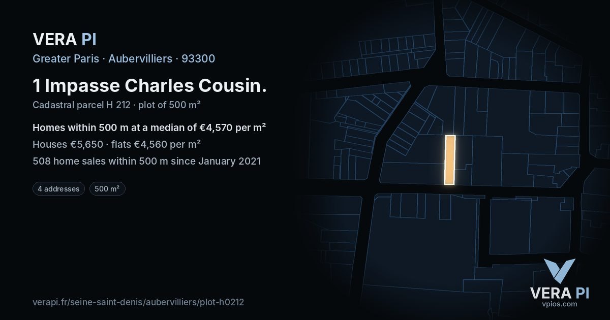 1 Impasse Charles Cousin, Aubervilliers at night – the plot lit, the parcels around coloured by the prices near them
