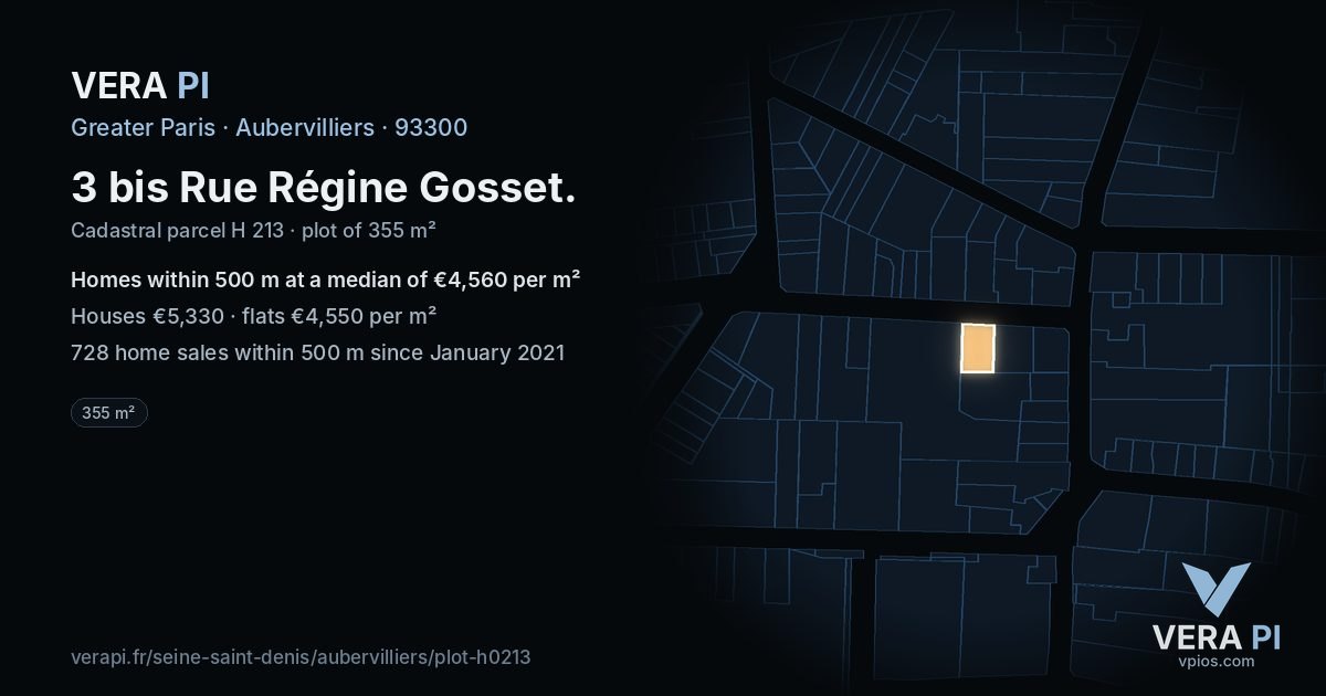 3 bis Rue Régine Gosset, Aubervilliers at night – the plot lit, the parcels around coloured by the prices near them