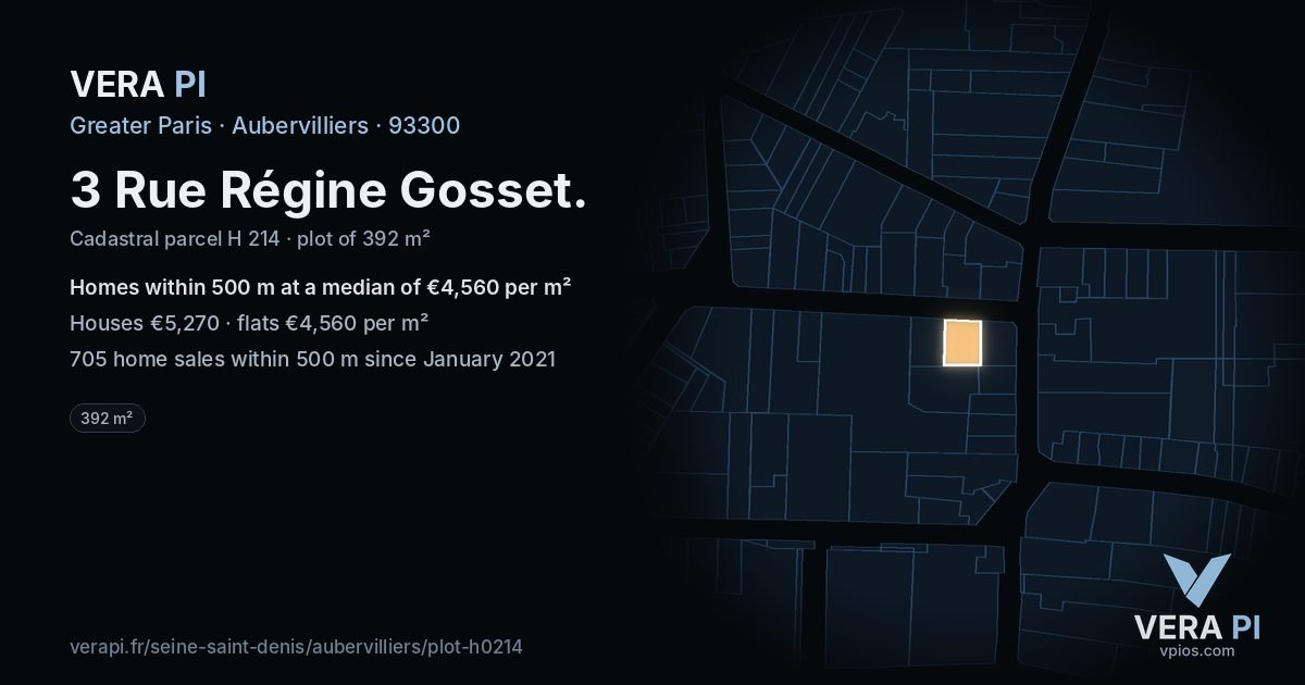 3 Rue Régine Gosset, Aubervilliers at night – the plot lit, the parcels around coloured by the prices near them