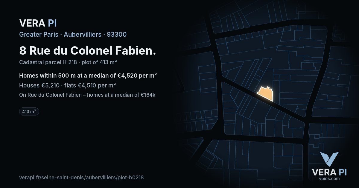 8 Rue du Colonel Fabien, Aubervilliers at night – the plot lit, the parcels around coloured by the prices near them