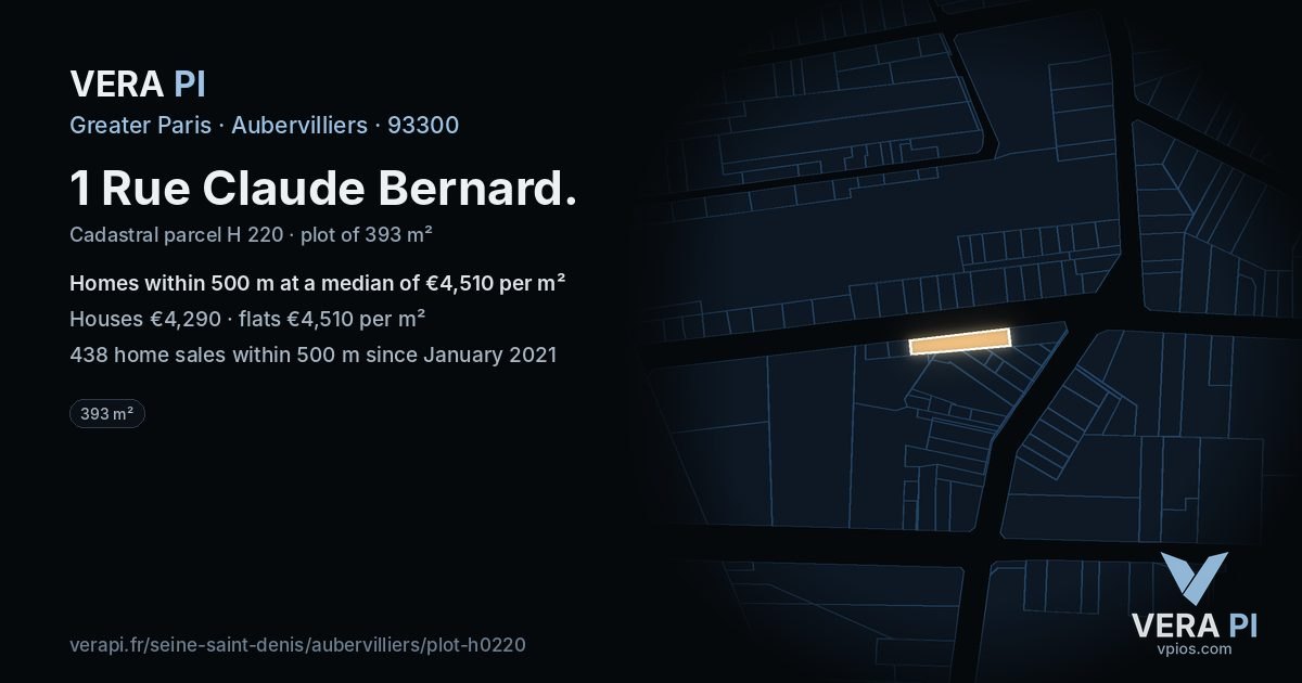 1 Rue Claude Bernard, Aubervilliers at night – the plot lit, the parcels around coloured by the prices near them