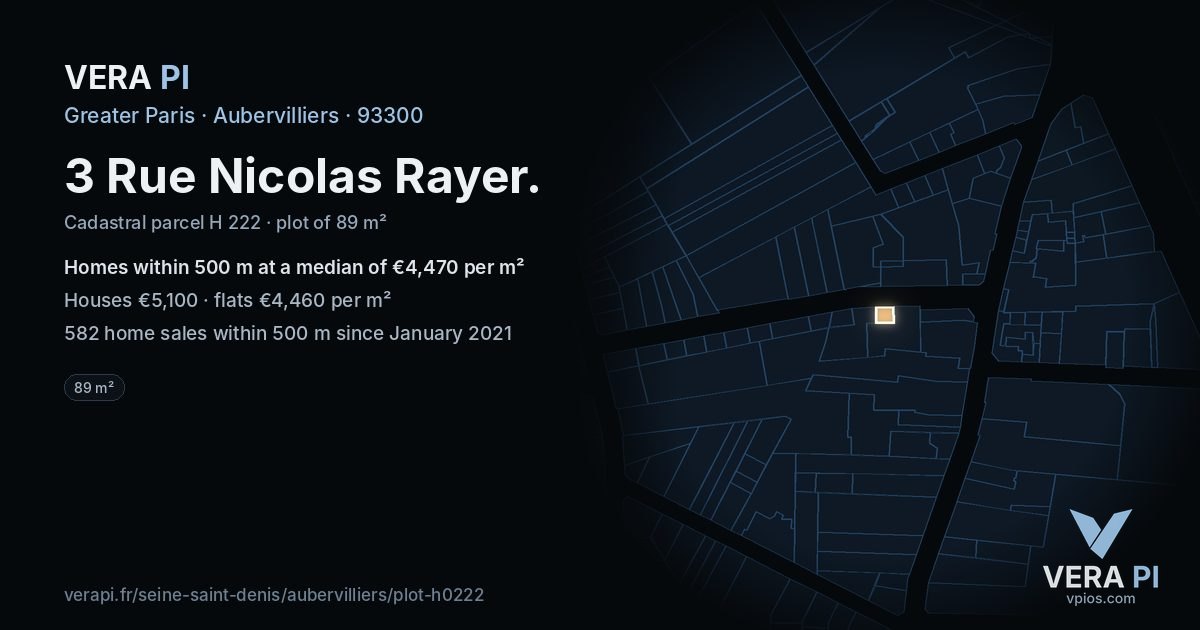 3 Rue Nicolas Rayer, Aubervilliers at night – the plot lit, the parcels around coloured by the prices near them