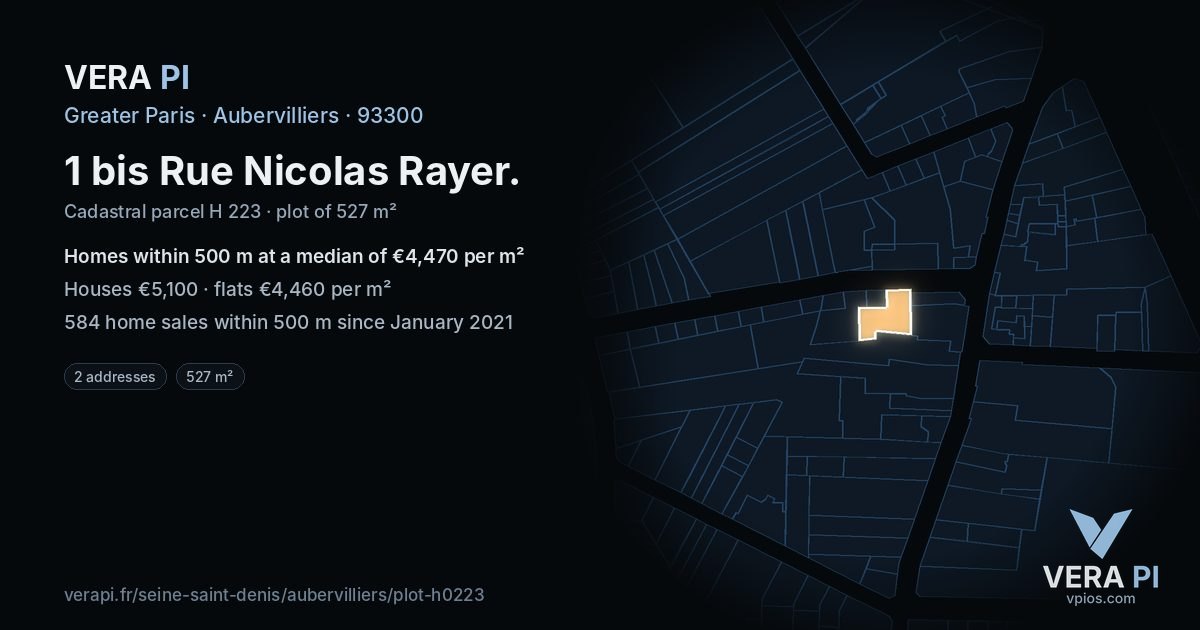 1 bis Rue Nicolas Rayer, Aubervilliers at night – the plot lit, the parcels around coloured by the prices near them