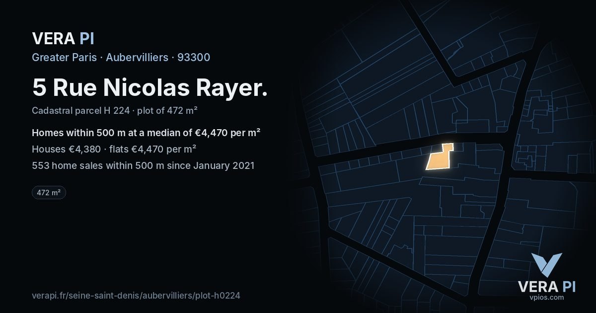 5 Rue Nicolas Rayer, Aubervilliers at night – the plot lit, the parcels around coloured by the prices near them