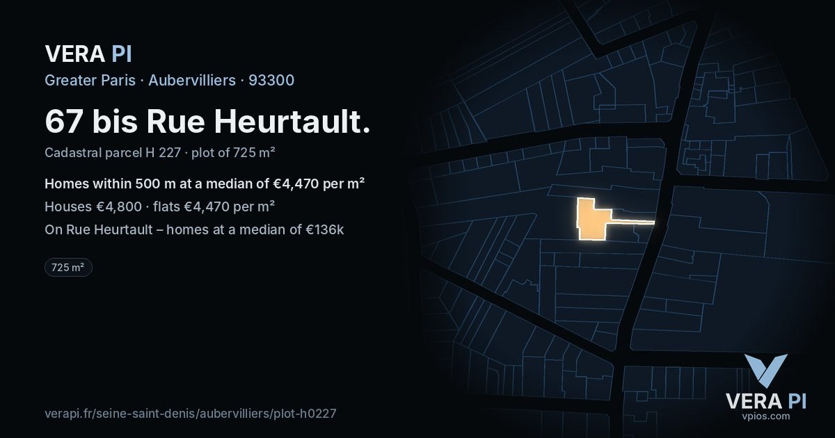 67 bis Rue Heurtault, Aubervilliers at night – the plot lit, the parcels around coloured by the prices near them